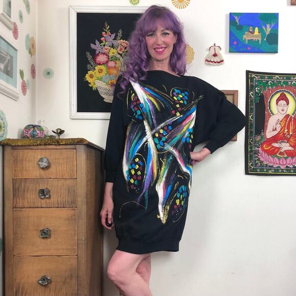 Vintage Paint Splatter Sweatshirt Dress, 1980s Tunic Style Wearable Art, OS - Picture 1 of 10
